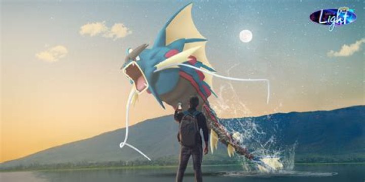 A Mega Gyarados jumping out of water.